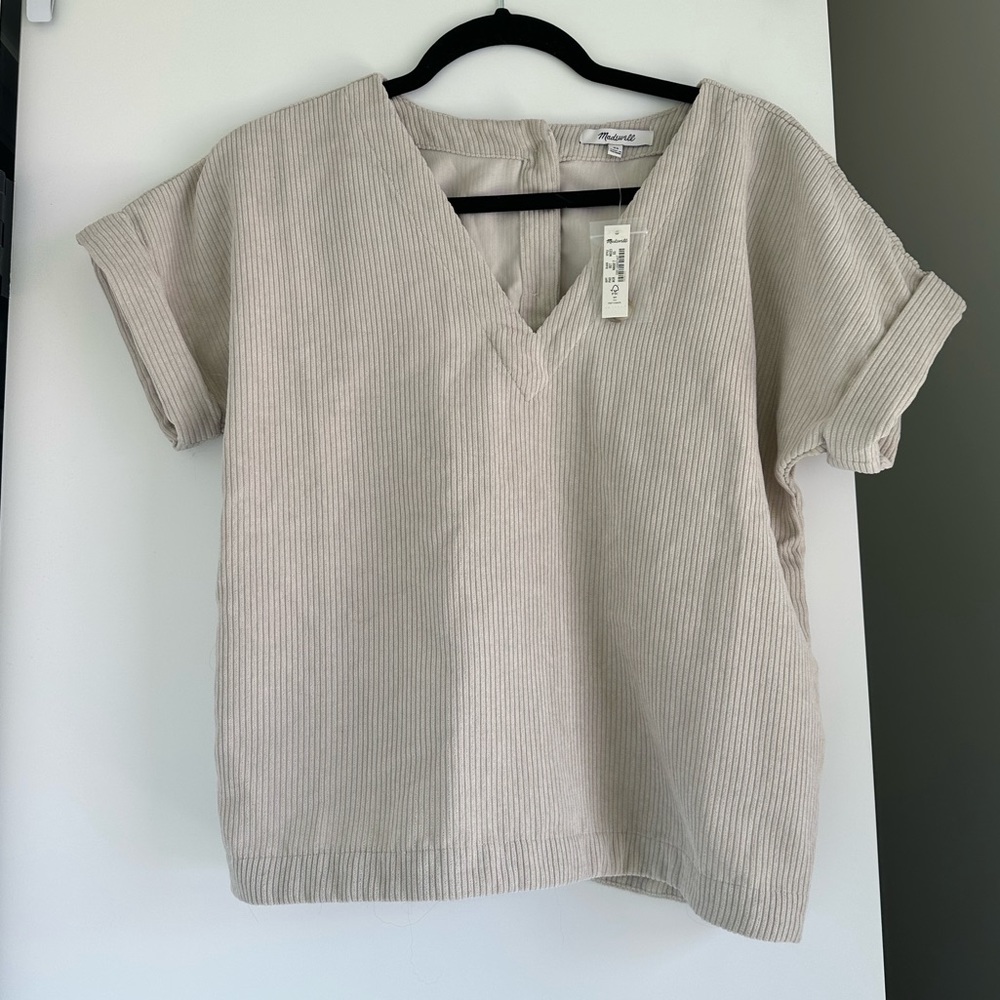NWT Madewell Collette V-Neck Corduroy Button Back Top Beige Size XS